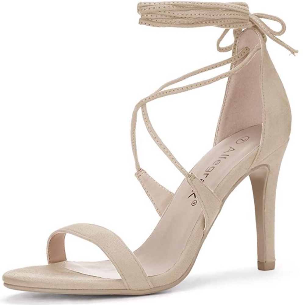 Beige faux suede lace up stiletto heels